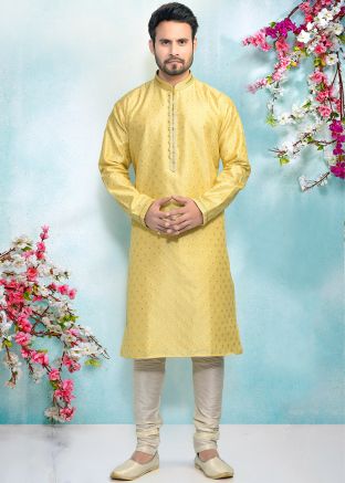 Readymade Yellow Embroidered Kurta Pajama
