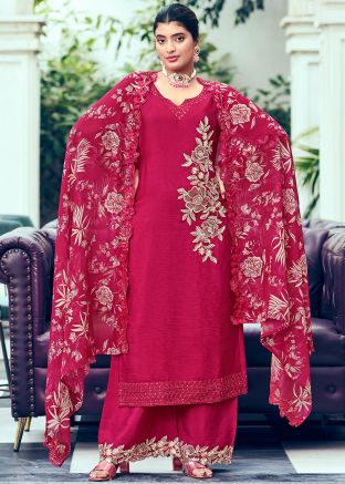 Pink Embroidered Palazzo Suit Set