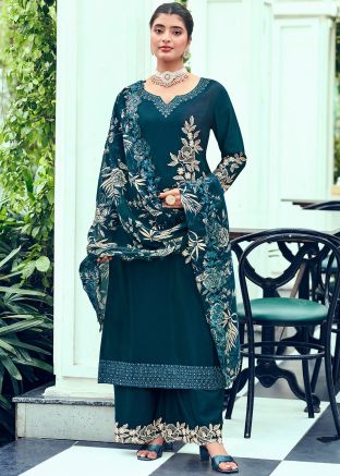 Blue Embroidered Palazzo Suit Set