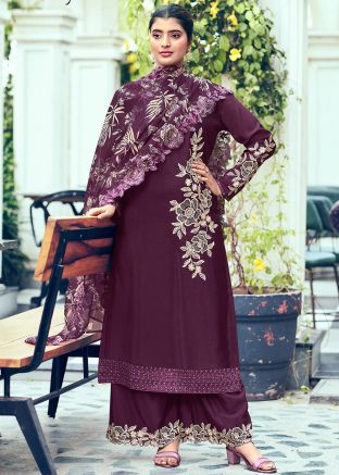 Purple Embroidered Palazzo Suit Set