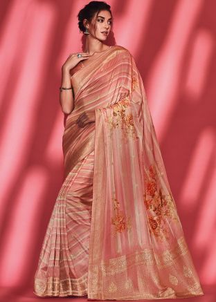 Peach Floral Printed Saree In Viscose 