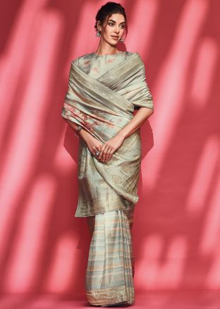 Peach Floral Printed Saree In Viscose 