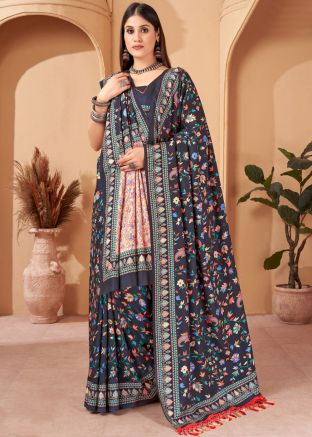 Black Digital Floral Printed Saree & Shawl