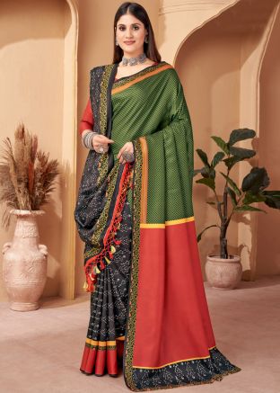 Black & Green Half N Half Digital Print Saree & Shawl