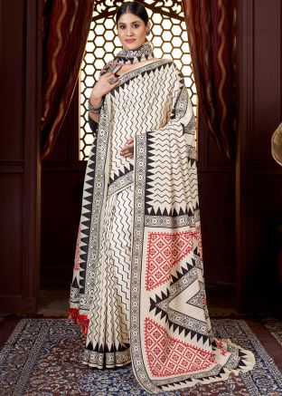 White Digital Print Pashmina Saree & Shawl