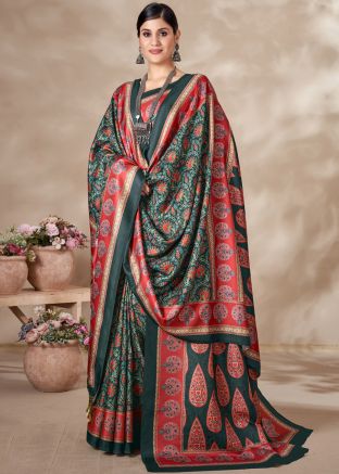 Green Digital Print Pashmina Silk Saree With Shawl