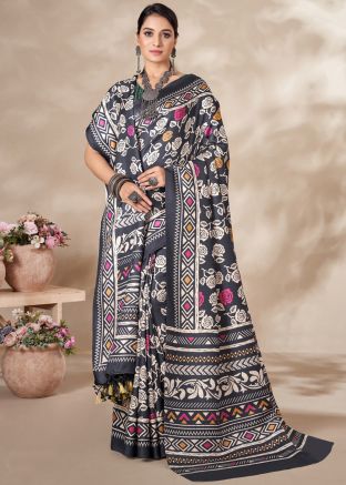 Black Digital Floral Printed Saree & Shawl