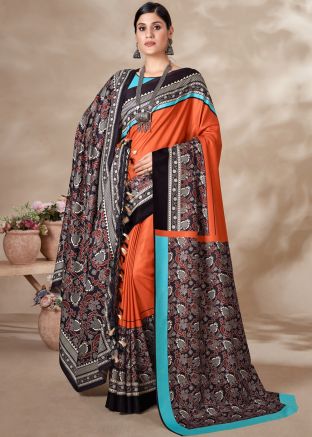 Orange Saree & Shawl In Digital Print