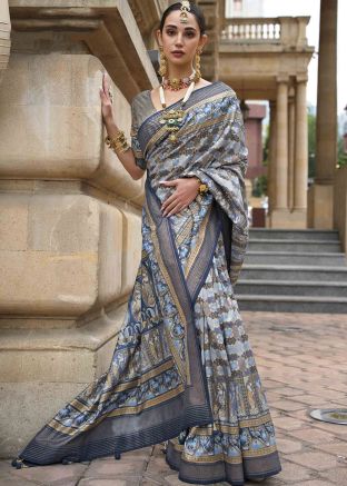 Grey Printed Art Silk Saree & Blouse