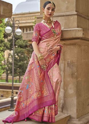 Peach Woven Border Saree & Blouse