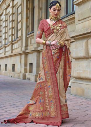 Beige Printed Saree In Art Silk