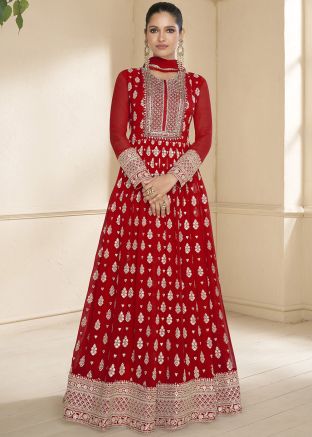 Red Georgette Anarkali Suit In Dori Embroidered