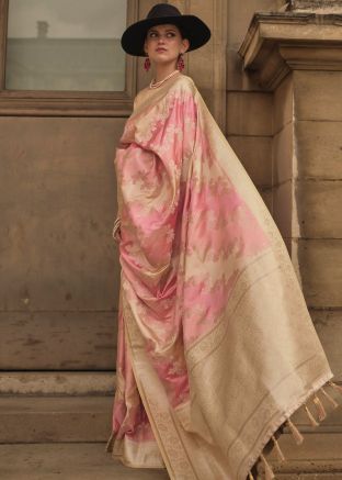 Pink Woven Satin Saree & Blouse