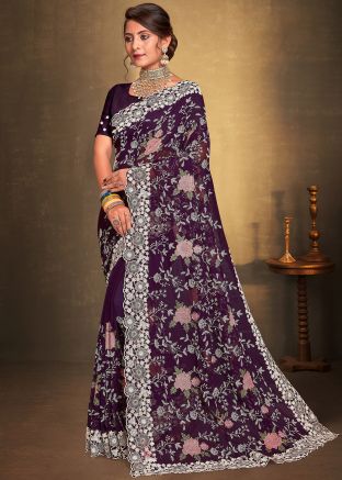 Purple Georgette Saree In Resham Embroidery