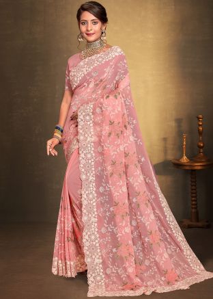 Peach Georgette Saree In Resham Embroidery