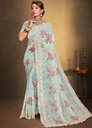 Green Embroidered Georgette Saree & Blouse