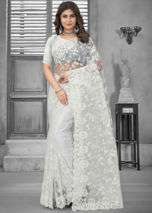 White Net Saree In Resham Embroidery