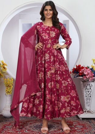 Readymade Pink Floral Print Anarkali Suit In Chanderi