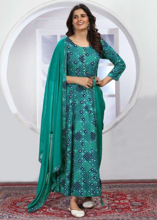 Teal Blue Readymade Bandhej Print Anarkali Suit