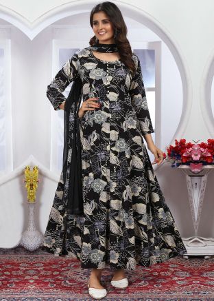 Black Floral Print Readymade Anarkali Suit in Rayon