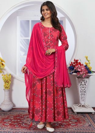 Pink Readymade Bandhej Print Rayon Anarkali Suit