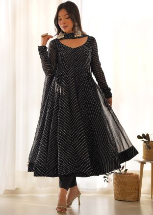 Black Readymade Leheria Printed Georgette Anarkali Suit
