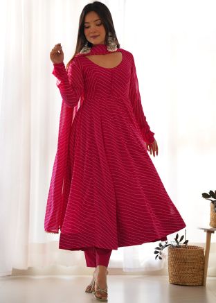 Pink Readymade Leheria Printed Anarkali Suit In Georgette