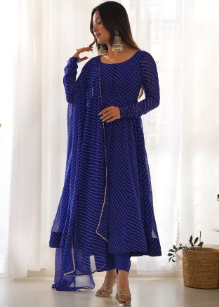 Blue Readymade Georgette Anarkali Suit In Leheria Print
