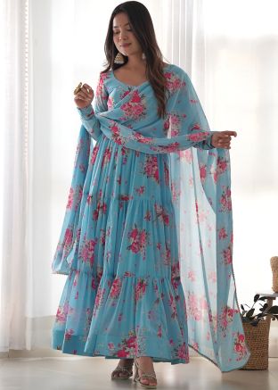 Blue Readymade Georgette Anarkali Suit In Floral Print