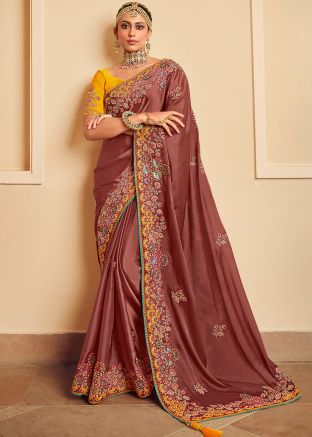 Brown Embroidered Organza Saree