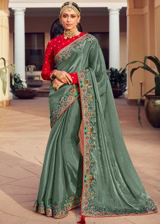 Sage Green Embroidered Saree In Organza 