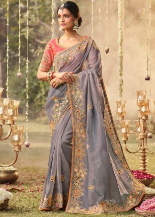 Purple Embroidered Saree In Silk