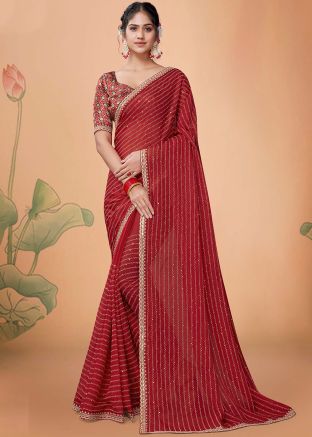 Red Embroidered Saree In Georgette
