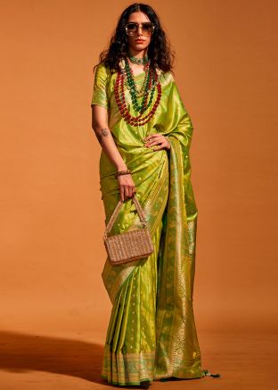Green Zari Woven Saree In Satin