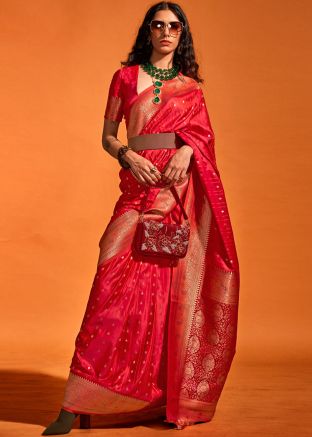 Red Zari Woven Saree In Satin