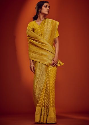 Yellow Georgette Saree In Woven Work