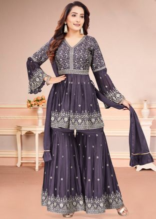 Purple Readymade Art Silk Gharara Suit In Thread Embroidery
