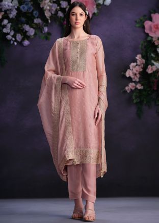 Pink Embroidered Suit Set In Organza