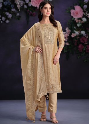 Golden Embroidered Suit Set In Organza