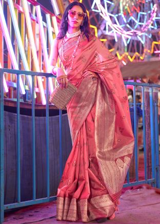 Peach Printed Art Silk Saree & Blouse