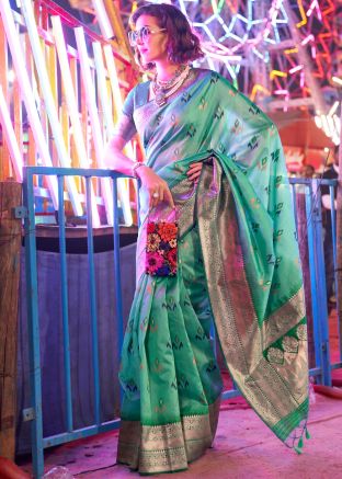 Green Digital Printed Saree In Art Silk