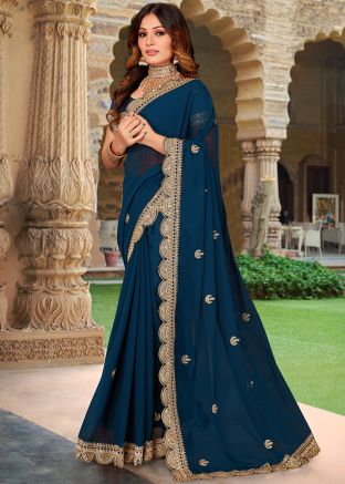 Blue Embroidered Saree In Georgette