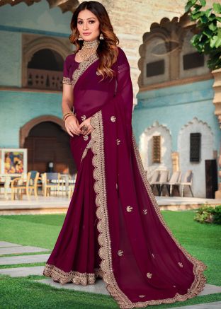 Magenta Embroidered Saree In Georgette