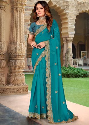 Blue Embroidered Saree In Georgette