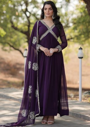 Readymade Purple Embroidered Anarkali Suit