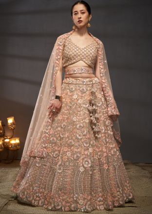 Peach Net Lehenga Choli With Dupatta