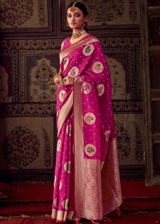 Pink Zari Woven Saree In Art Silk