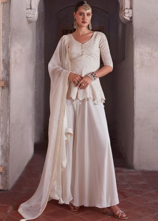 Cream Embroidered Sharara Suit Set