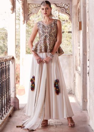 Cream Embroidered Sharara Suit Set