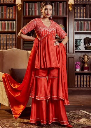 Red Sequins Embroidered Gharara Suit Set